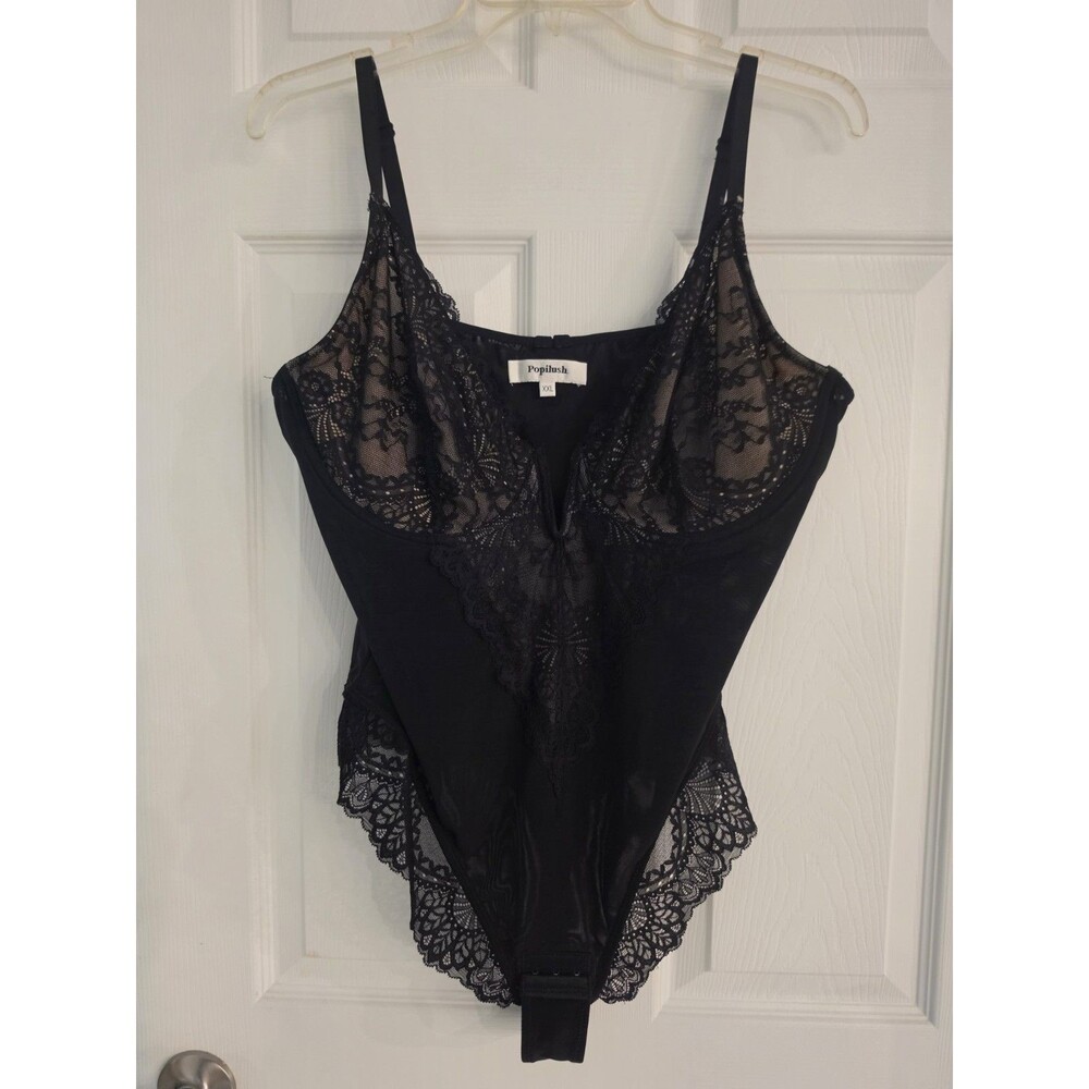 Popilush Blk Lace Shapewear Bodysuit Firm Control V-Neck Nude Lining Size XXL